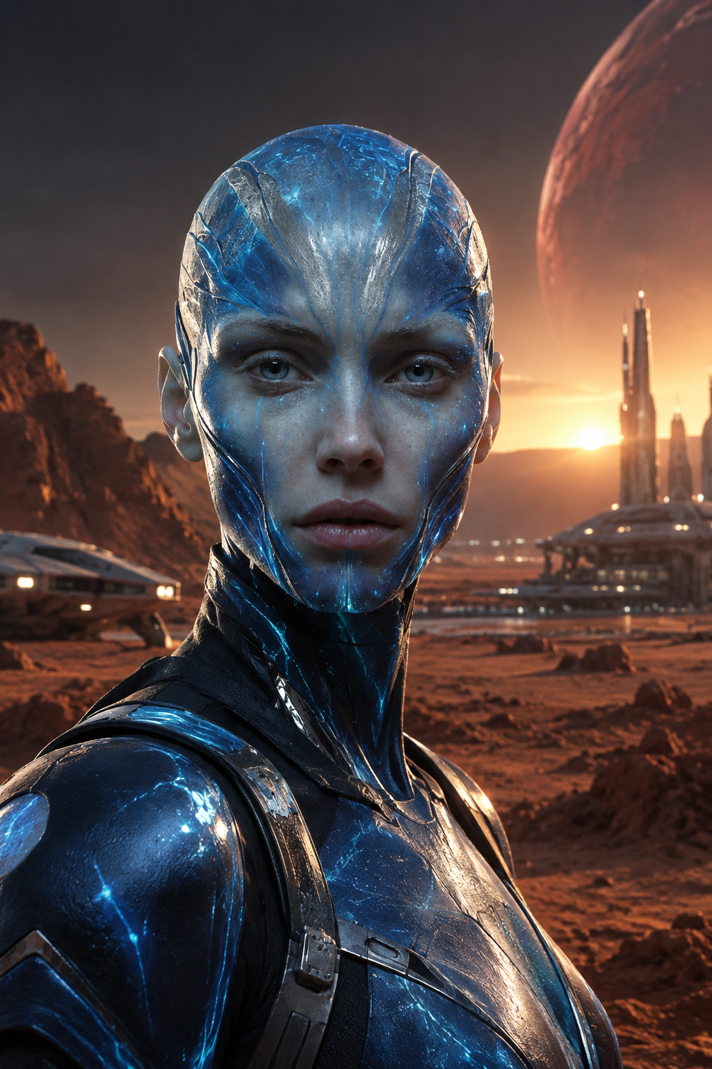 Retrato cinematográfico de Auryn, híbrida humano alienígena com bioluminescência azul sobre a paisagem marciana
