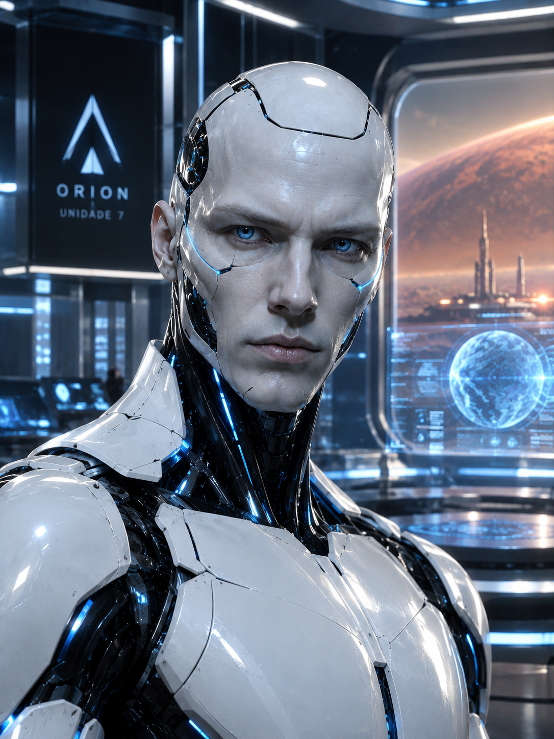 Retrato cinematográfico de Orion, robô humanoide avançado de placas brancas e linhas azuis