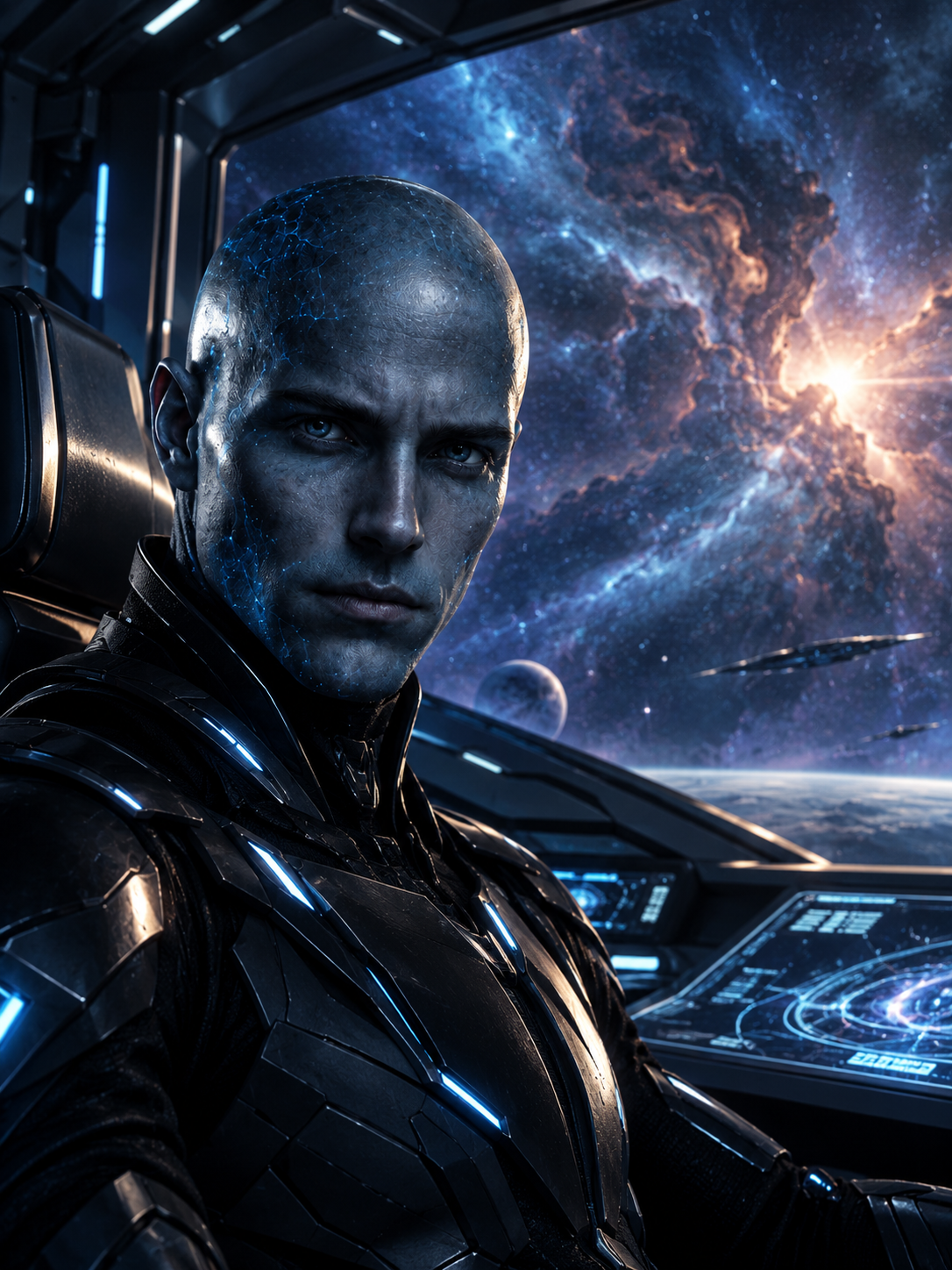 Retrato cinematográfico de Kael, humano híbrido de pele azul-escura no cockpit de uma nave