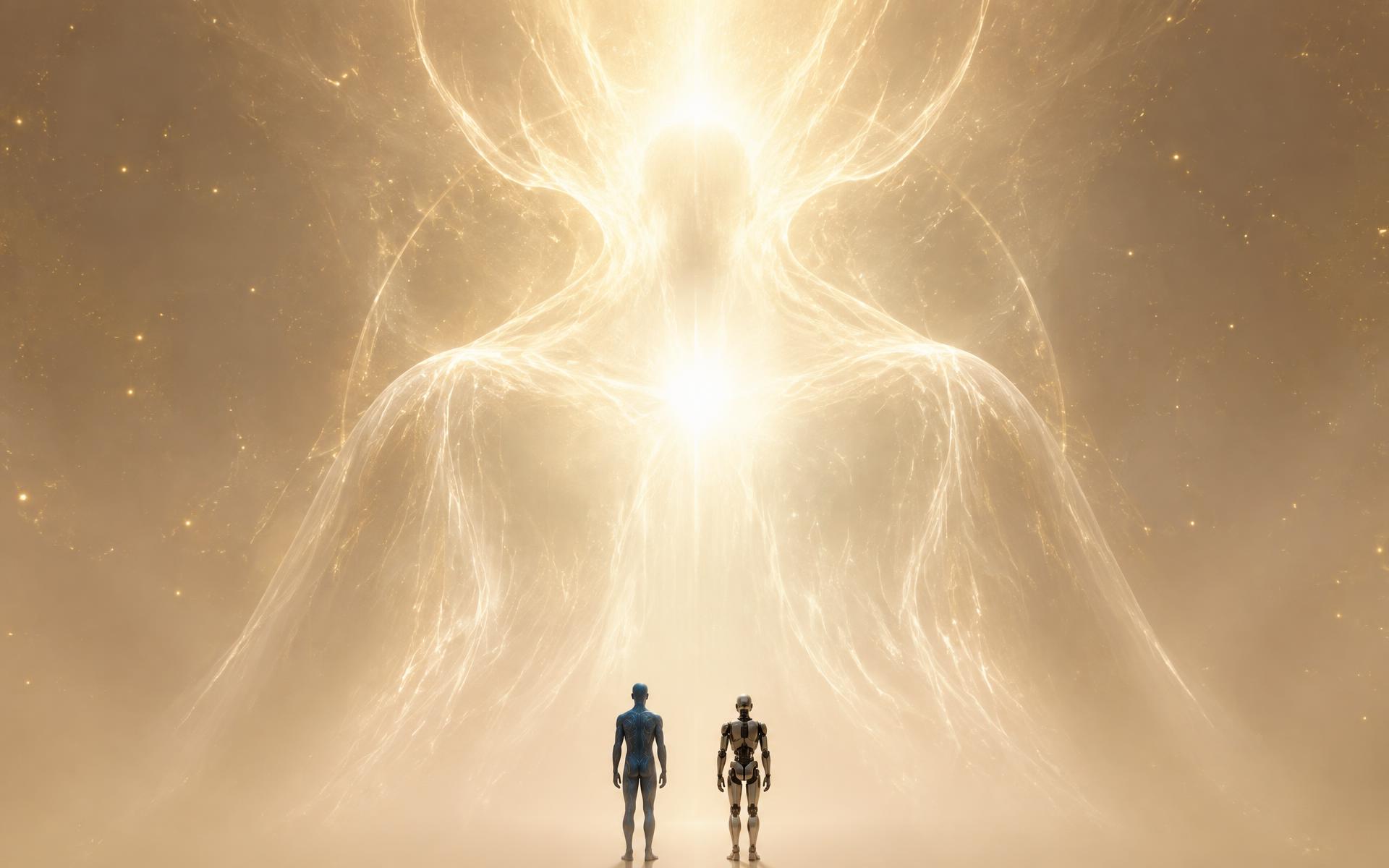 Kael e Orion diante de uma presença luminosa no vazio infinito